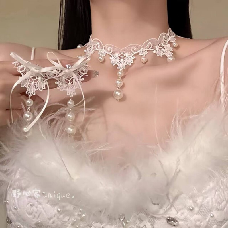 【漫白柔光】法式浪漫蕾丝项链耳钉套装氛围感新娘礼服锁骨链颈链