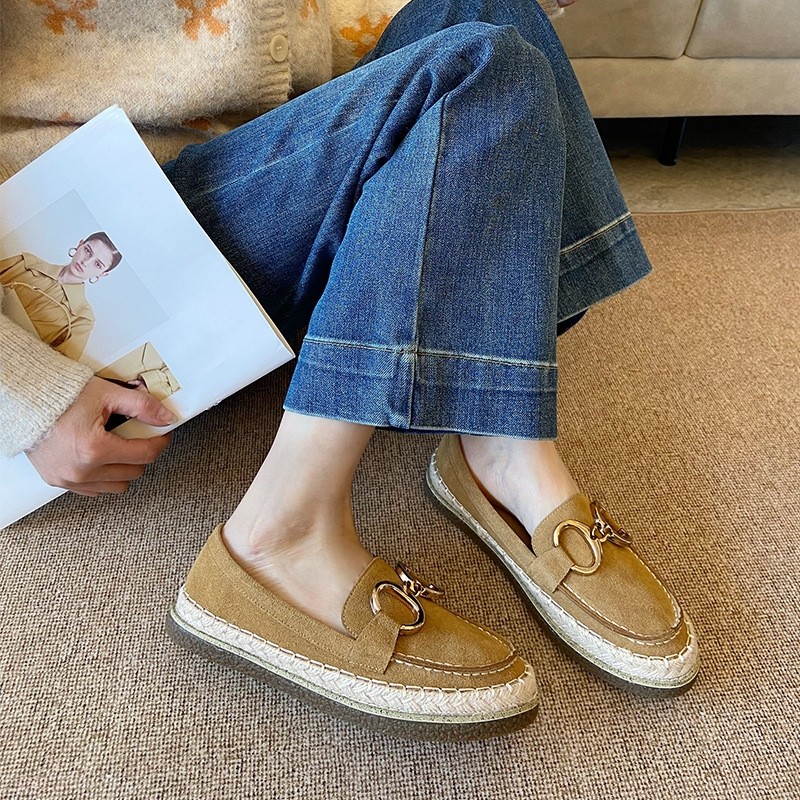 时髦爆款真皮渔夫鞋女2025年新款豆豆鞋厚底单鞋一脚蹬懒人乐福鞋