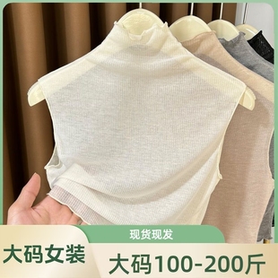 t恤打底衫 大码 镂空薄款 背心女裝胖mm春夏假领子新款 螺纹针织无袖
