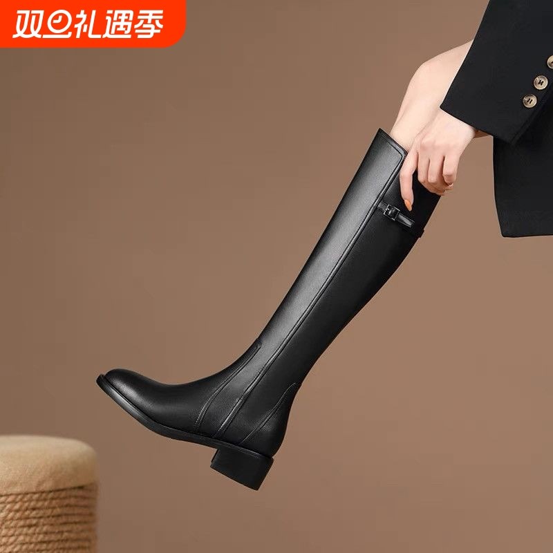 幂琳真皮不过膝高筒靴子女2024秋冬新款中跟皮带扣骑士靴长筒靴