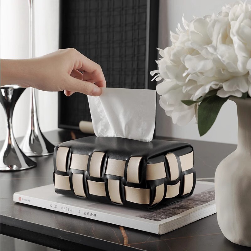 拼色纸巾盒手工编织抽纸盒北欧轻奢纸抽盒子长方形纸抽袋装饰摆件