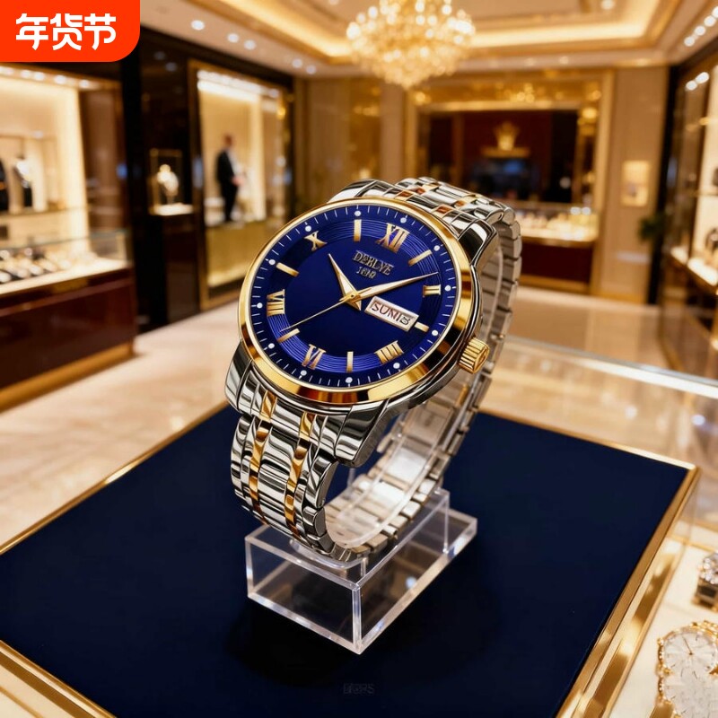 正品瑞士2024新款手表男士全自动机械风防水精钢带双日历男表夜光