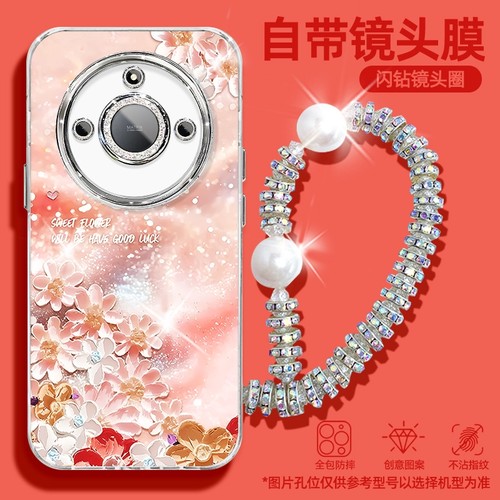 适用荣耀X60手机壳x40i新款9x轻奢高档珠光花朵畅玩60plus闺蜜HonorX60pro自带镜头膜全包防摔X50i高级保护套