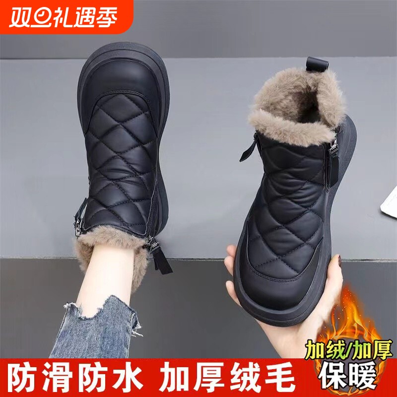 皮质加绒加厚雪地靴女2025新款冬季棉靴保暖防滑棉鞋防水软底黑色