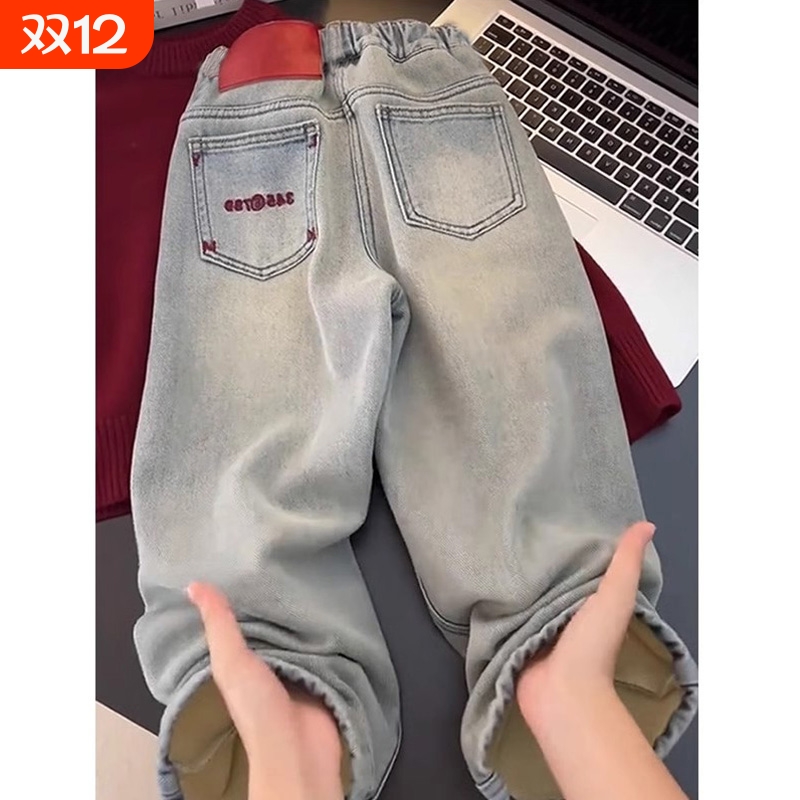 女童裤子冬季加绒加厚牛仔长裤