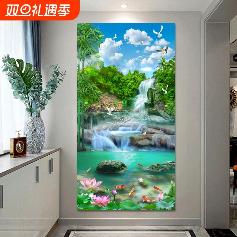 入户自粘流水生财贴画墙贴山水画风景过道走廊家和富贵壁画玄关