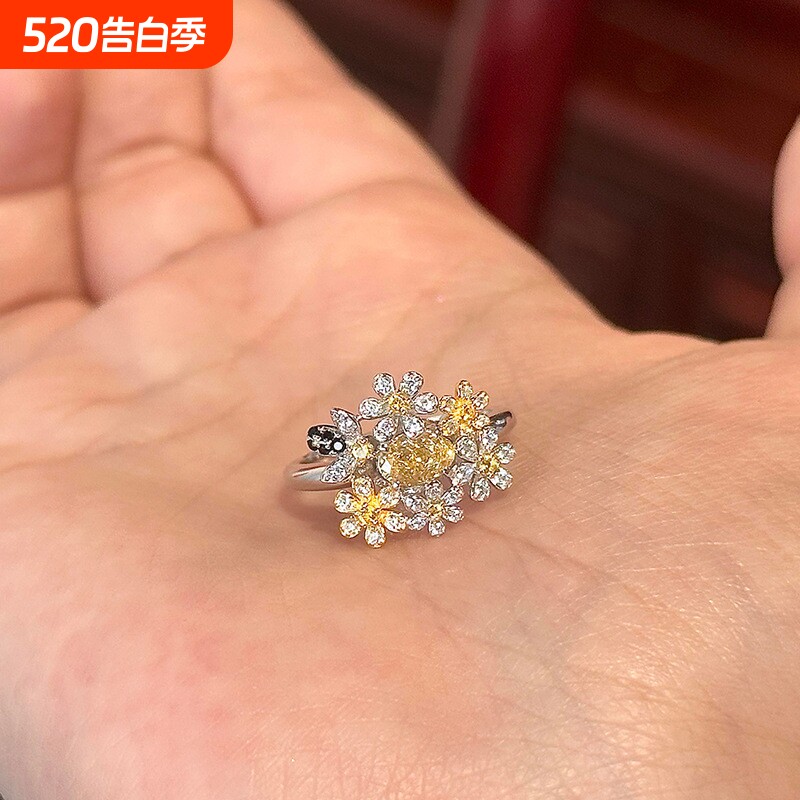 黄钻绽放花朵戒指轻奢闪耀彩宝指环两件套方形满钻手饰