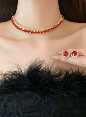 高级感镶钻方形锆石项链耳环套装轻奢百搭锁骨链礼服小众通勤颈链