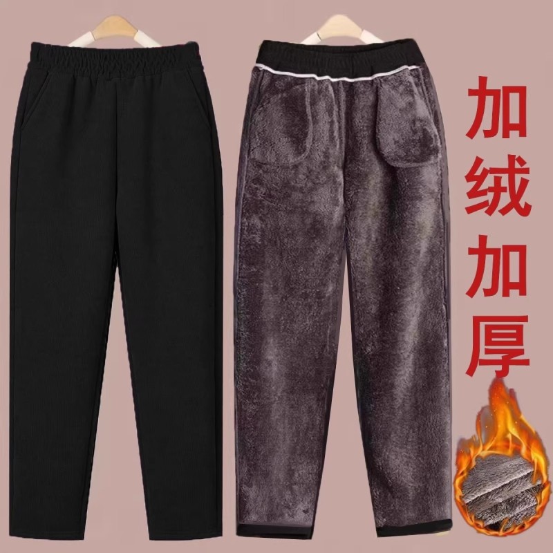 条绒休闲裤女裤子秋冬女装高腰加绒直筒裤小个子灯芯绒中年休闲裤