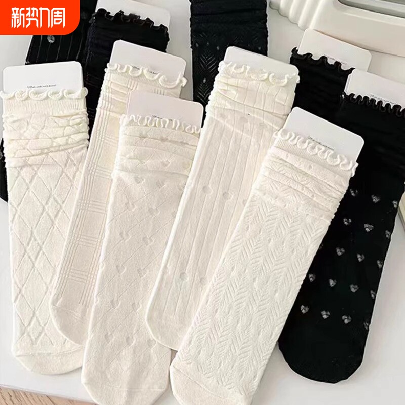 白色木耳边堆堆袜子女士中筒袜春夏季薄款纯棉夏天网眼透气长筒袜