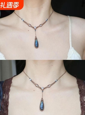 【蓝眼泪】清冷感蓝色水滴吊坠项链女气质精致毛衣链高级感锁骨链