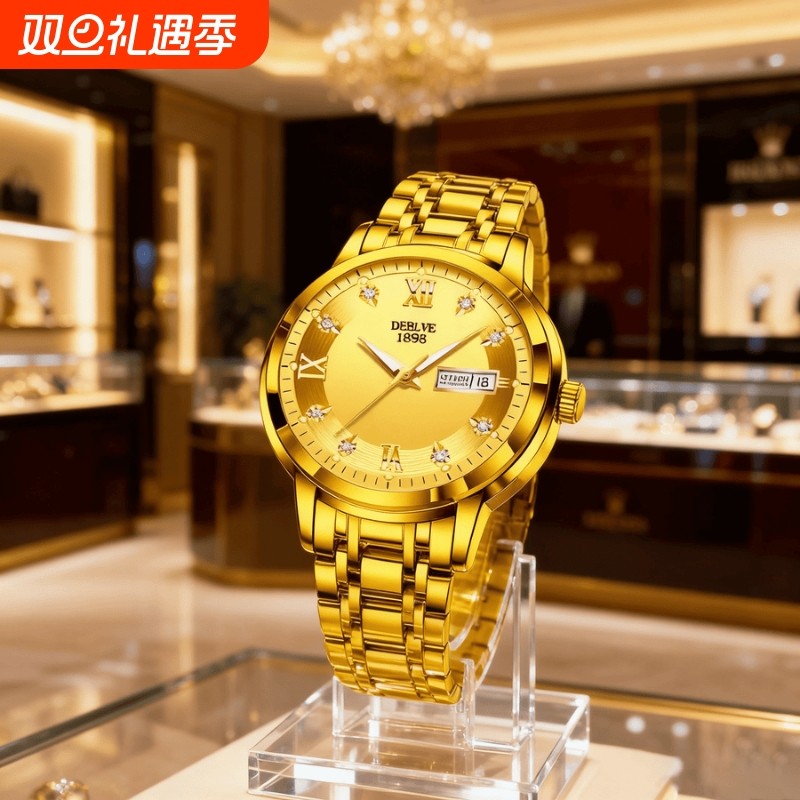 正品瑞士2024新款手表男士全自动机械风防水精钢带双日历男表夜光