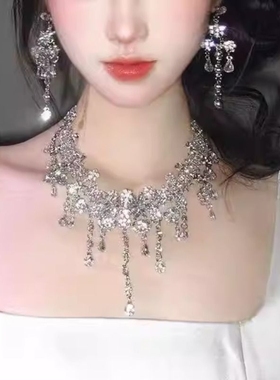 项链爆闪水滴晚礼服女新款夸张名媛宴会锁骨链新娘主持人配饰颈链