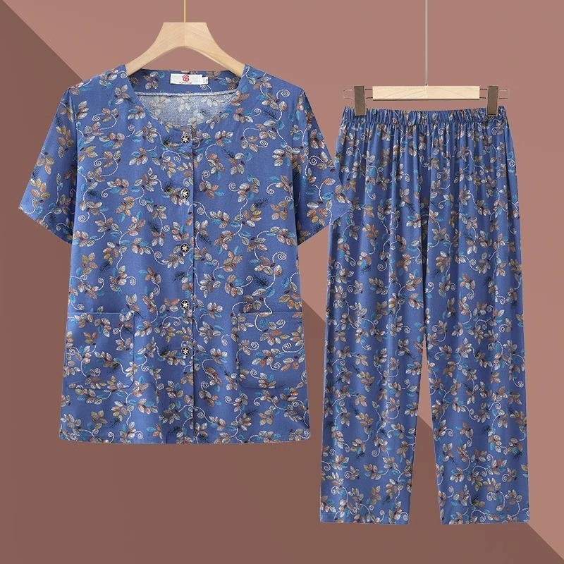 中老年人夏装套装女妈妈短袖棉绸开衫老人衣服奶奶老太太两件套