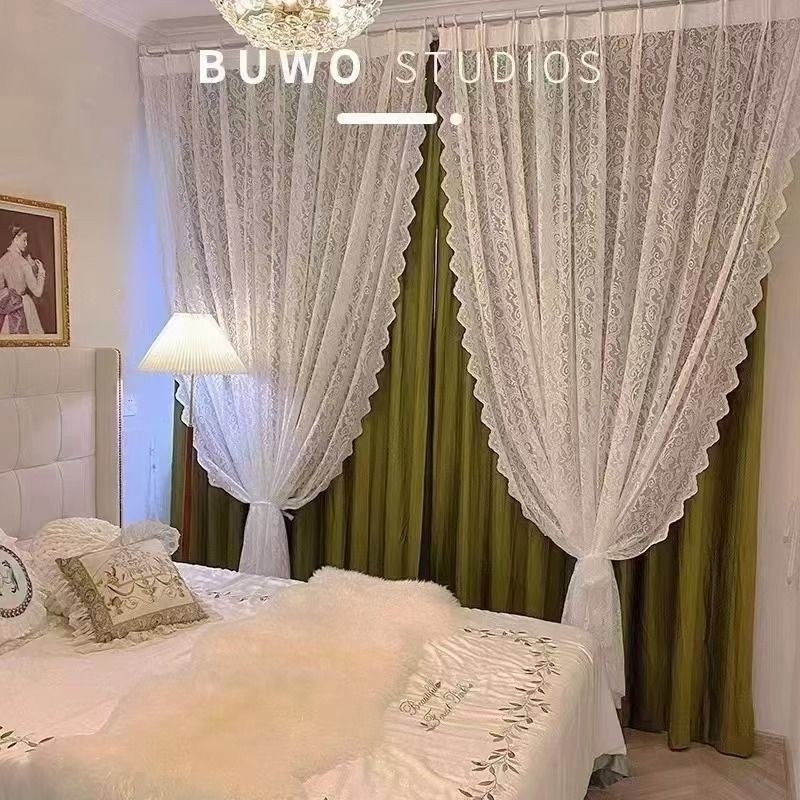 法式蕾丝窗纱帘客厅白纱窗帘透光不透人卧室飘窗免打孔钉珠凤尾纱