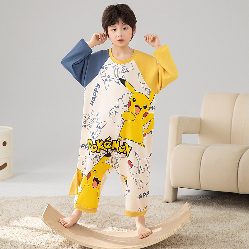 秋季2025男童睡衣连体衣春皮卡丘长袖纯棉中大童防踢防着凉家居服