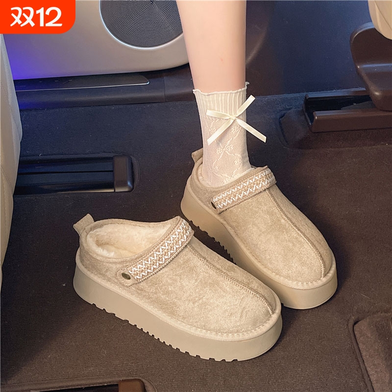 毛绒一脚蹬半拖鞋女冬季加绒加厚保暖2025新款面包雪地棉拖鞋鞋子