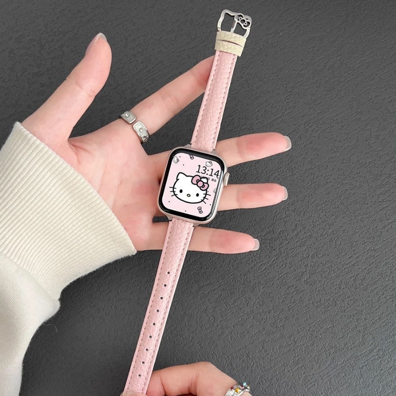 适用苹果手表S11表带金属猫咪扣s10荔枝纹小蛮腰秋冬9/8男女创意腕带7真皮粉色6/5/4硅胶保护套壳ultra3/2/1