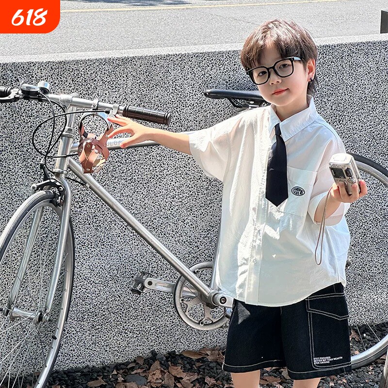 男童衬衫短袖夏季2026新款儿童学院风领带白衬衣纯棉男孩夏装上衣