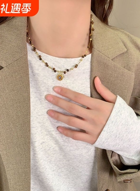 拉德虎眼石串珠八芒星圆盘项链2025新款毛衣高级感轻奢小众