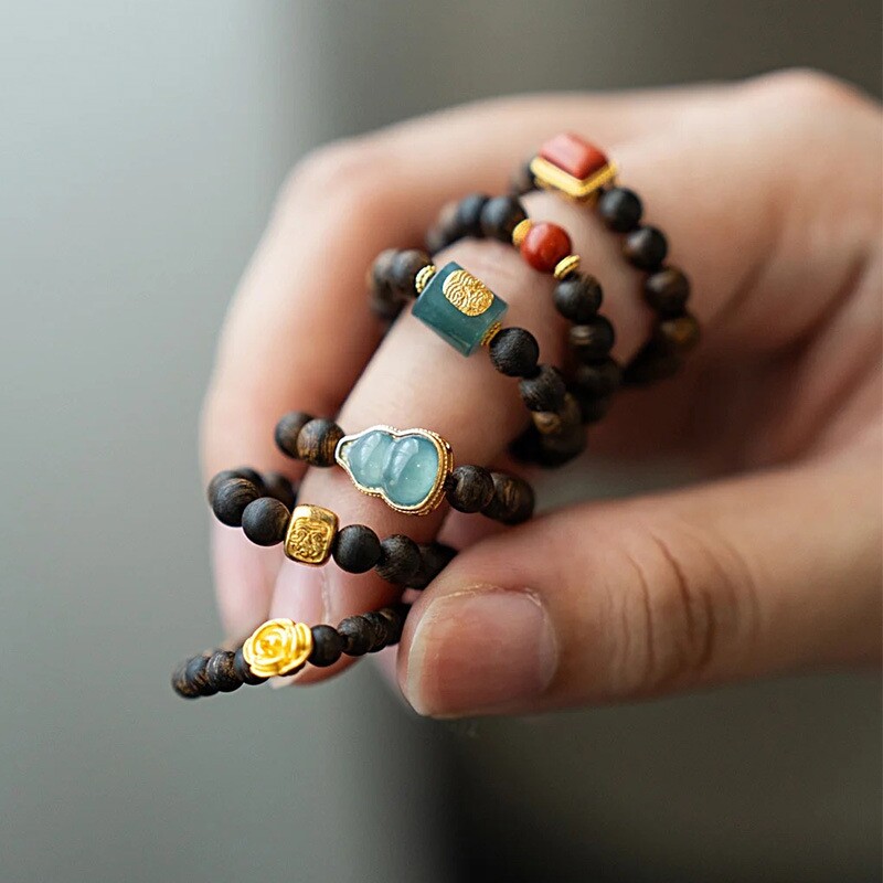 原创手作天然奇楠沉香小米珠戒指翡翠葫芦扎基拉姆财运圆珠指环绿