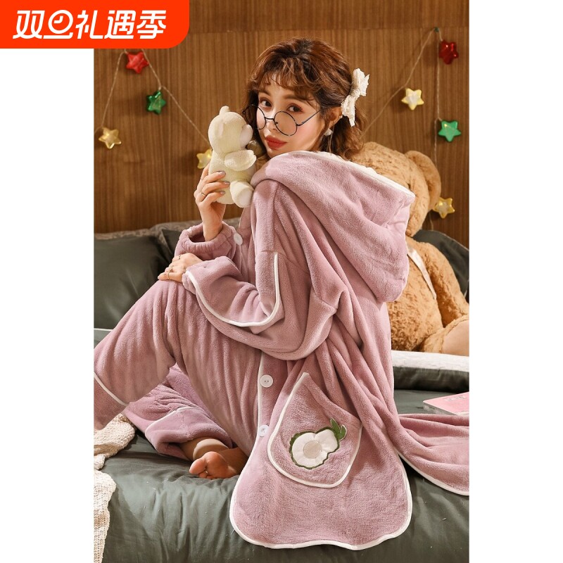 红豆珊瑚绒睡衣女冬季加厚加绒秋冬长袖法兰绒家居服套装春秋大码