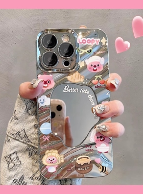 适用iphone14promax手机壳15苹果13可爱小海狸露比12日韩女款11电镀硅胶13pro网红新款loopy子镜面硅胶套好运