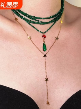 「哈尔」小众轻奢高级感绿色串珠choker叠戴项链法式复古锁骨链女