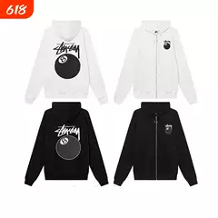 Stussy Zip-Up Hoodie Jacket with Black Eight Dice Collaboration, Heavyweight Fleece Winter Hooded Cardigan in White