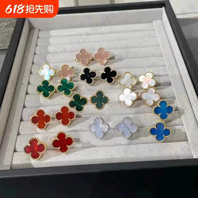 高级感四叶草耳扣纯银镀18k玫瑰金黑玛瑙红玉髓耳环耳钉耳拍贝母