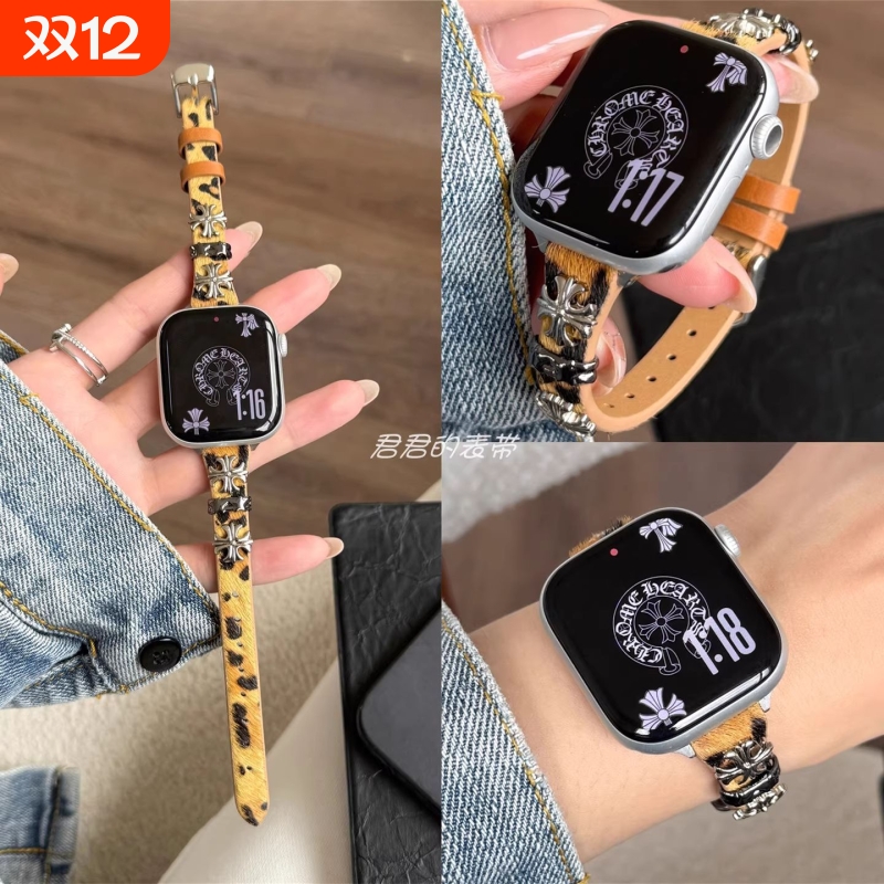 适用华为fit4pro表带毛绒豹纹十字架fit4皮质秋冬3男女创意腕带真皮绒毛智能运动配件huawei硅胶防摔保护套壳