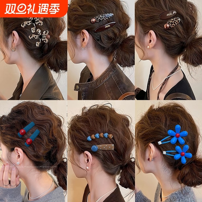 复古豹纹花朵侧边夹女高级感侧边甜美一字发夹前额碎发刘海夹发饰