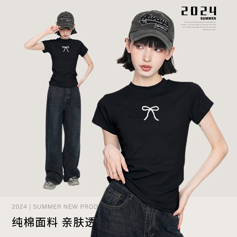 交个朋友618黑色短袖t恤女夏正肩新款紧身辣妹上衣蝴蝶结纯棉