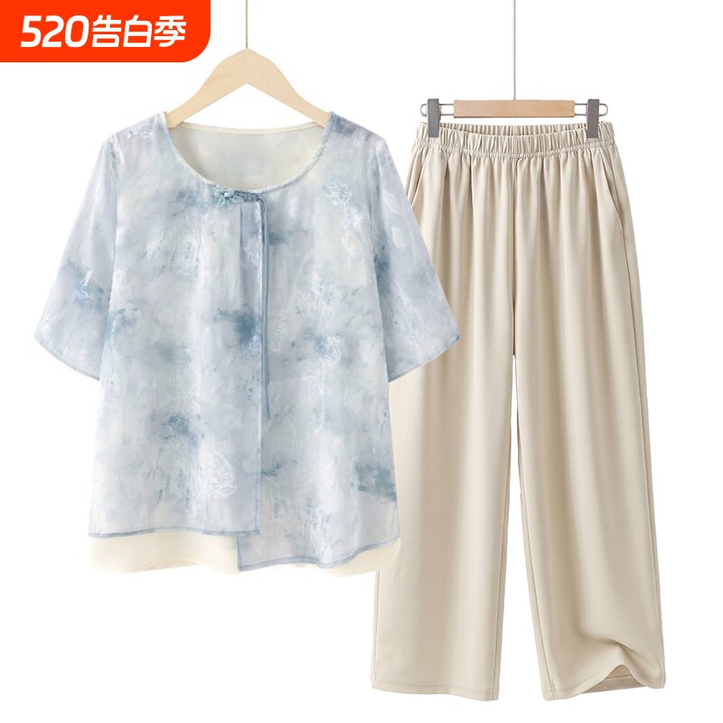 时尚妈妈夏装短袖小衫套装中老年人洋气女装新中式T恤休闲上衣服