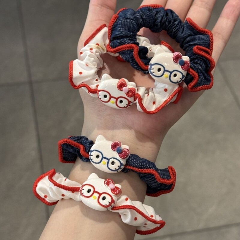 可爱牛仔KT猫发圈甜美少女马尾高弹力扎头马尾小肠圈慵懒风发饰
