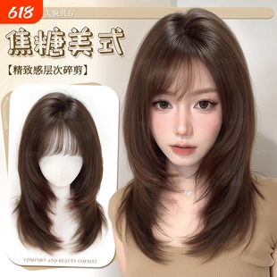 焦糖假发全头套女自然短发头套刘海黑色发丝蓬松八字前额金发仿真