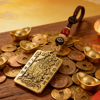 【正财神赵公明】真黄铜正财神牌钥匙扣挂件越磨越亮