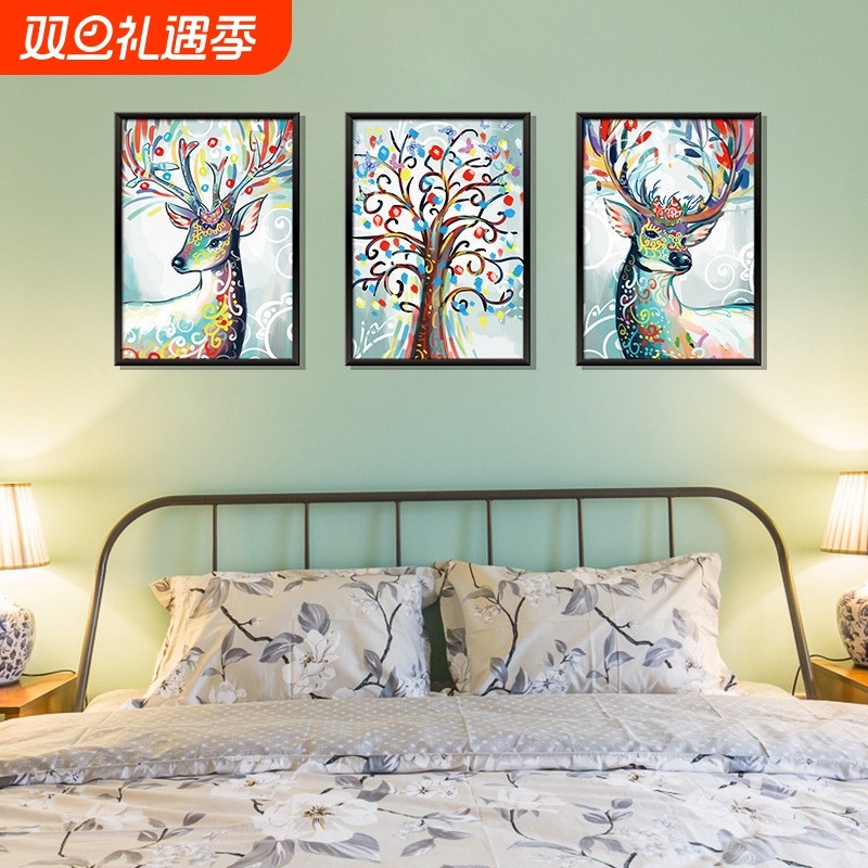 XL8327立体三联画水彩麋鹿墙贴书房宿舍背景装饰可移店铺装饰逼