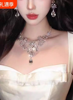 轻奢重工银色花朵项链耳环套装2025新款女新娘礼服配饰夸张锁骨链