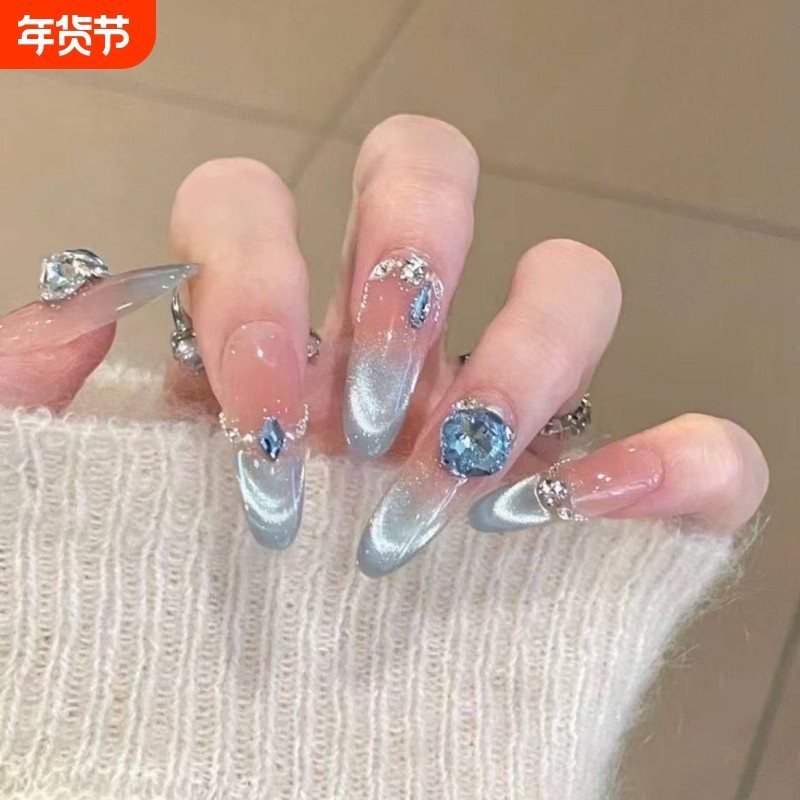 【蓝调冰晶】蓝色爆闪猫眼美甲手工穿戴甲片镶钻宝石显白网红指甲,彩妆/香水/美妆工具,穿戴甲/甲片,淘宝优惠券,粉丝福利购,淘宝优惠卷