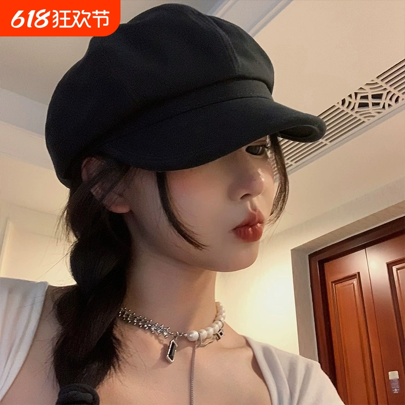 黑色鸭舌贝雷帽女显脸小八角帽大头围画家帽子报童帽2024年帽檐