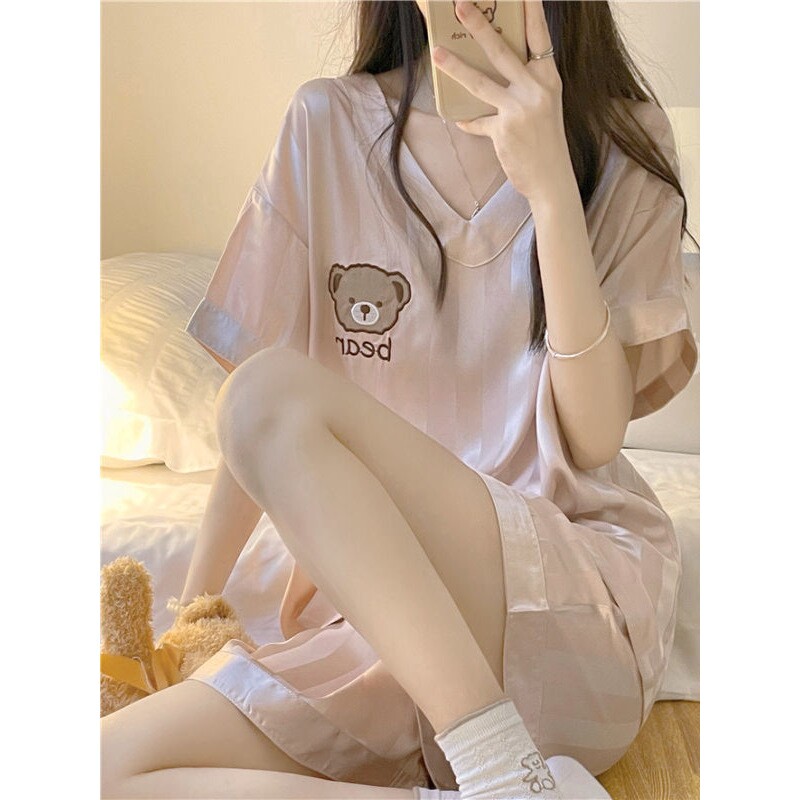 新款睡衣女夏季冰丝薄款网红仿真丝短袖甜美丝绸夏天家居服套装