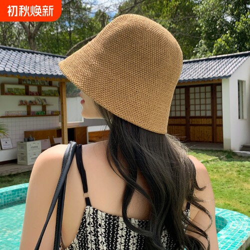 日系显脸小针织水桶帽春夏遮阳防晒透气渔夫帽女网红黑色盆帽