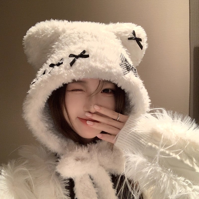 小熊帽子女秋冬季2025可爱保暖护耳朵毛绒针织帽白色卷边显脸小