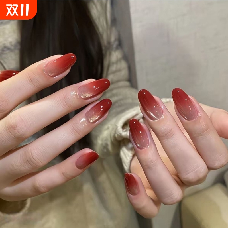 酒渍红茶纯手工渐变穿戴甲显白纯欲风修饰手型椭圆