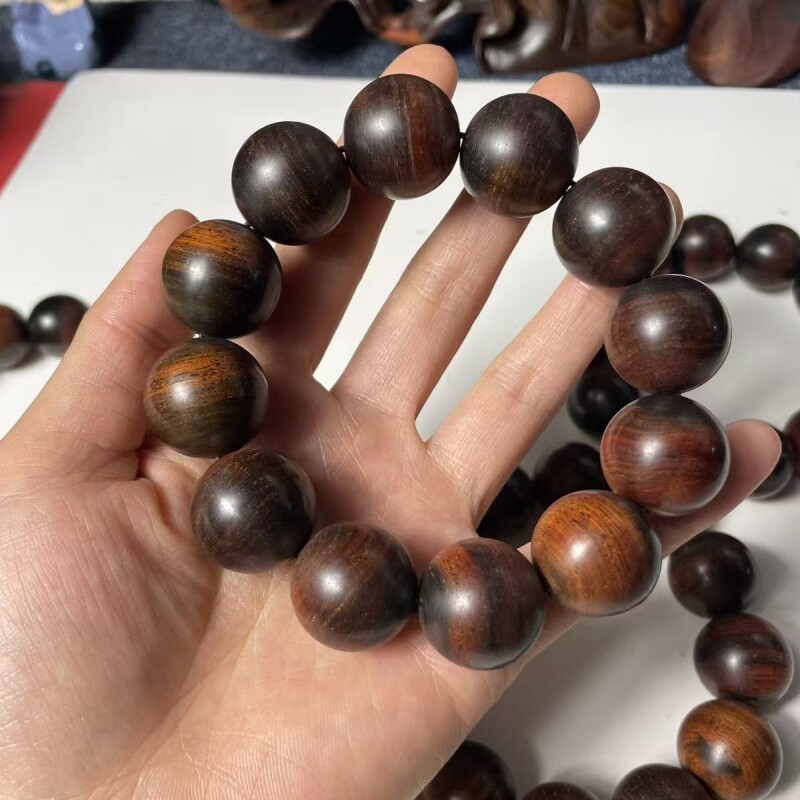 老挝大红酸枝手串佛珠大料出的黑飘红酸香味浓红木手链
