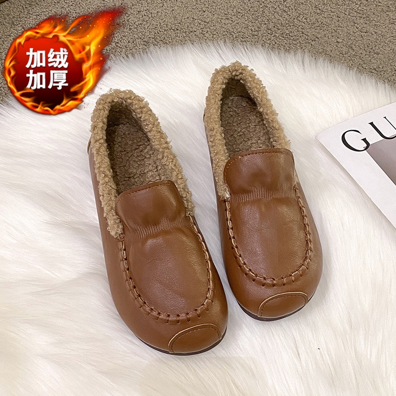 啄木鸟老北京布鞋女冬季一脚蹬加绒加厚棉鞋防水皮面妈妈防滑保暖