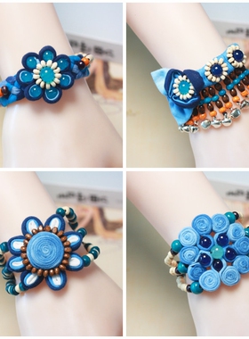 云南大理古城民族风白族手工扎染布艺手链蓝染花朵个性旅拍饰品