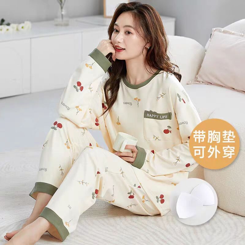 春秋季睡衣女款可爱自带胸垫一体套装大码学生长袖家居服可外穿