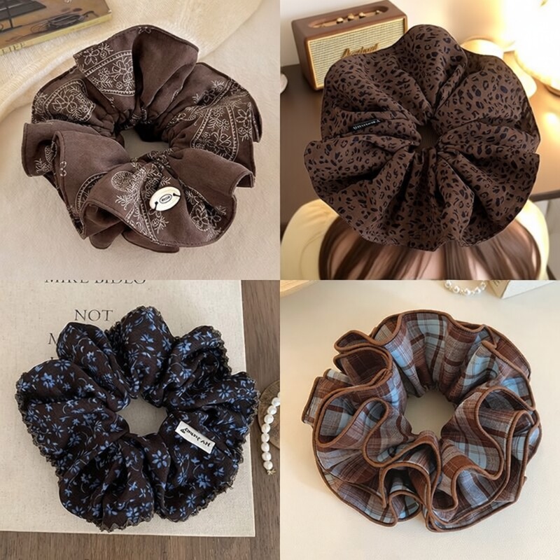 咖啡色布艺双层大肠发圈女韩系复古印花扎头发丸子头发绳气质发饰